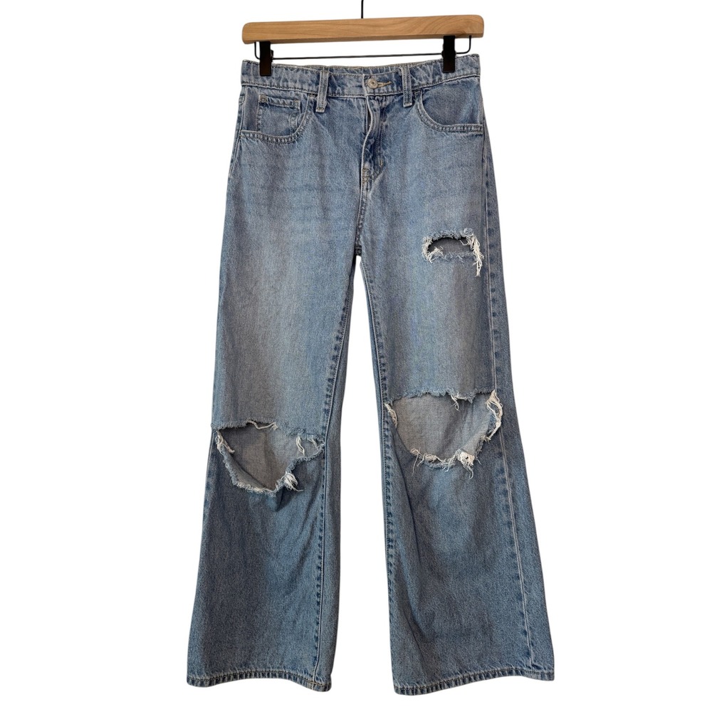 Old Navy Girls High Rise Baggy Wide Leg Denim Jeans Size 14 Blue Distressed